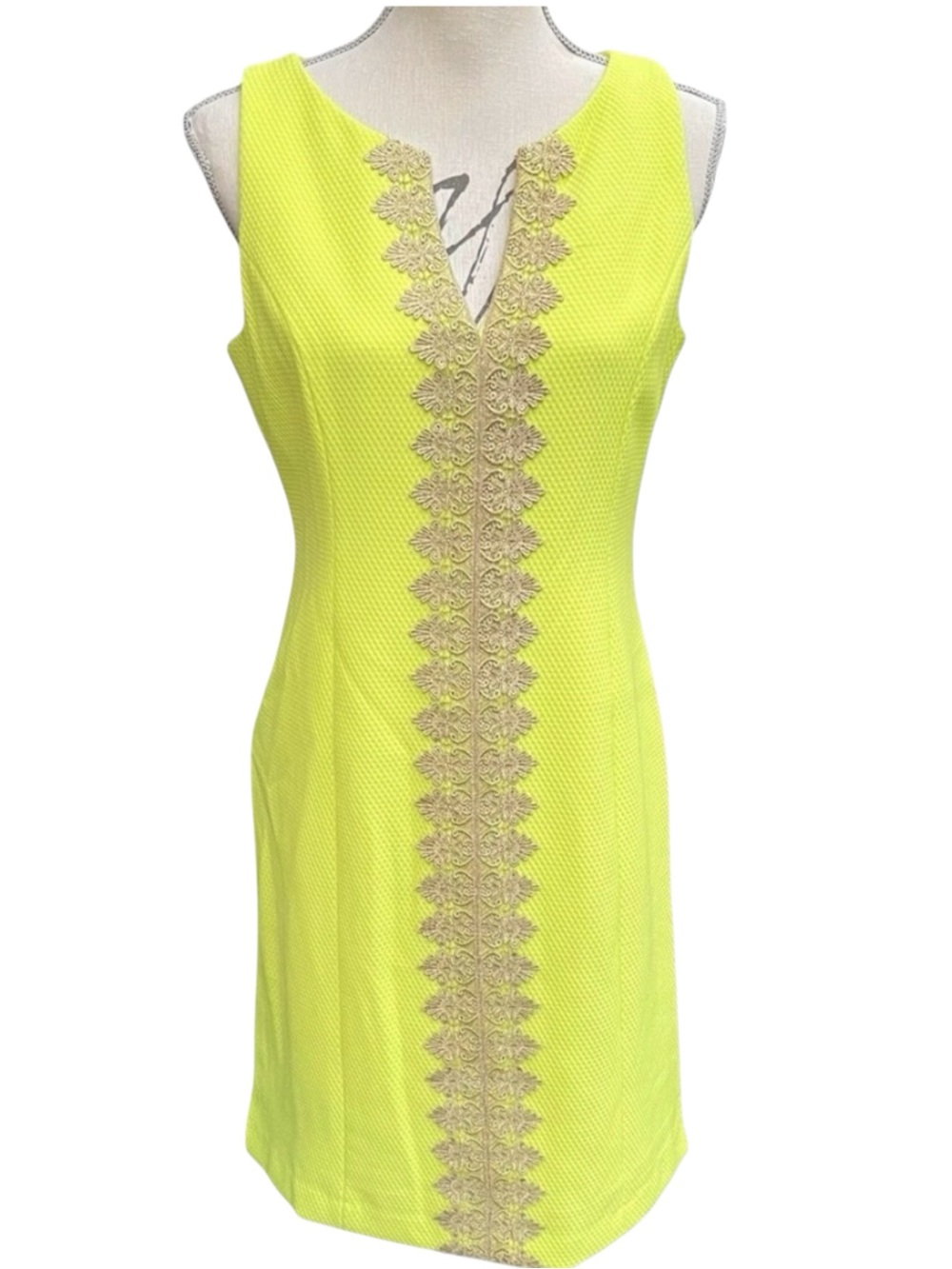 Pappagallo Chartreuse Yellow/Gold Applique Sleeveless V Neck Textured Dress (6)